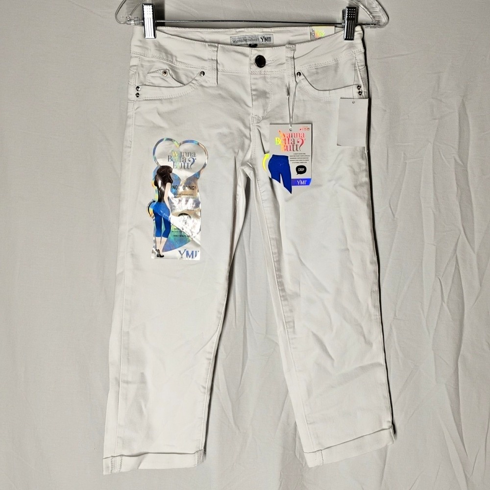 NWT Wanna Betta Butt YMI Juniors 3 27x19.5 Crop Capris White Denim Jeans Stretch